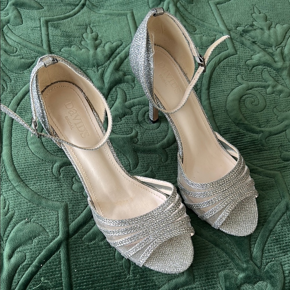 David’s Bridal Silver Heels with Rhinestone Embellishments